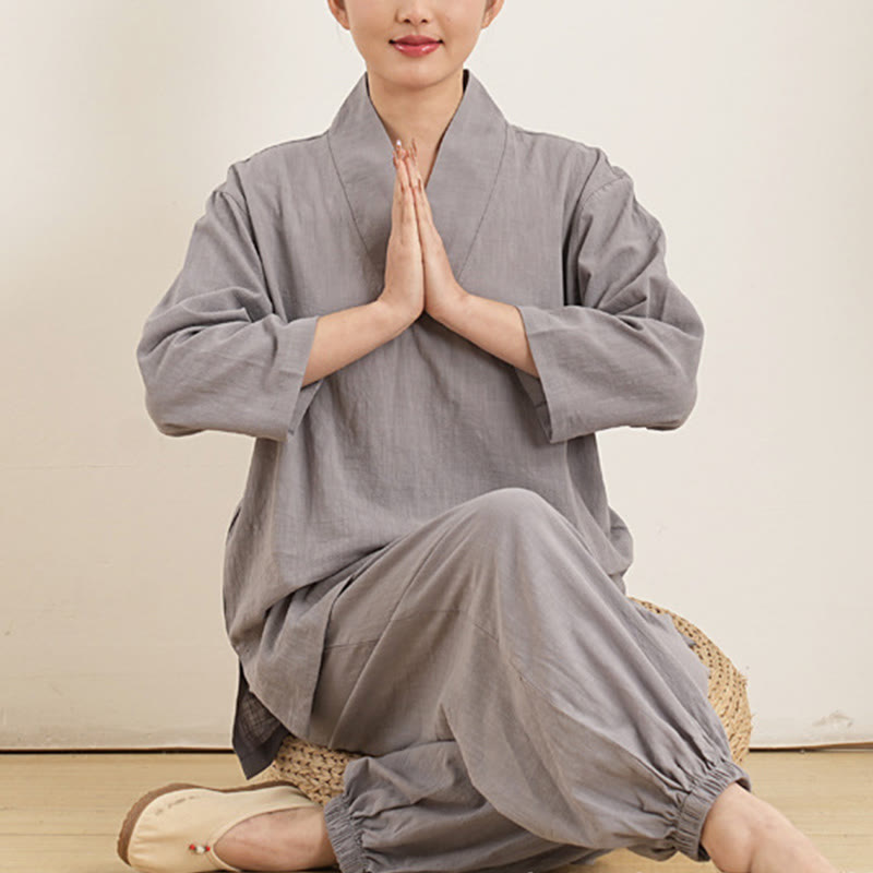 Buddha Stones 2 szt. dekolt w serek rękaw trzy czwarte koszula spodnie medytacja zen tai chi bawełna len odzież damska zestaw - image 1