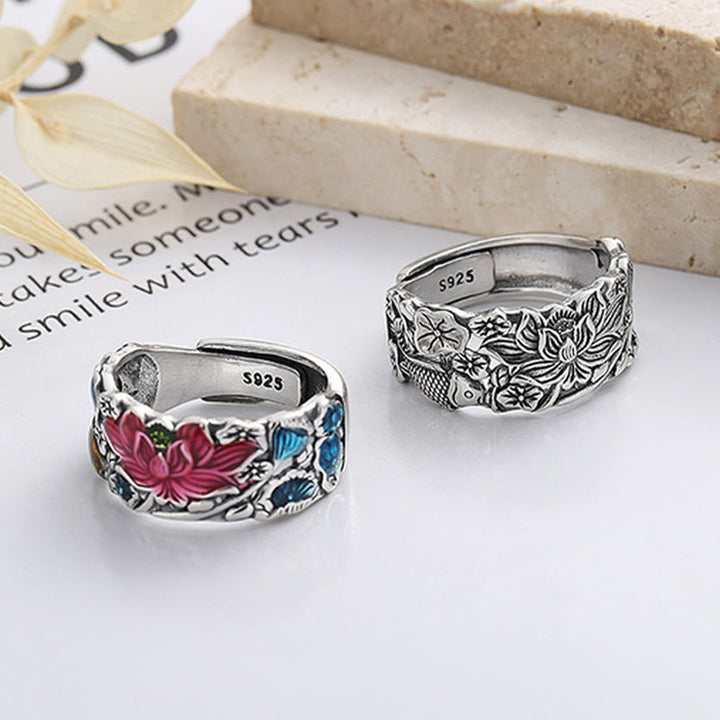 Pierścionek z Buddha Stones ze srebra próby 925 i kwiatem lotosu w kształcie ryby Koi - image 1