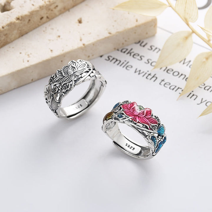 Pierścionek z Buddha Stones ze srebra próby 925 i kwiatem lotosu w kształcie ryby Koi - image 0