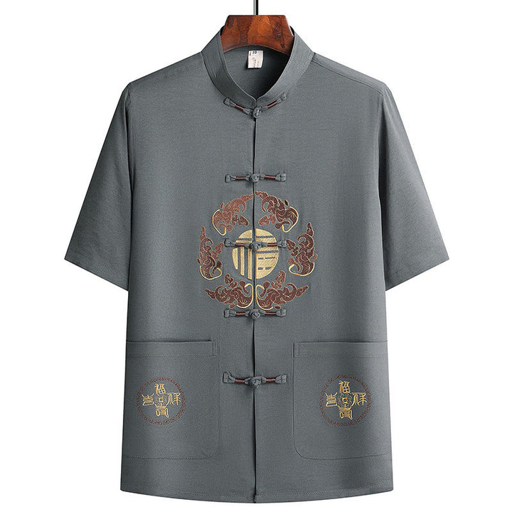 Buddha Stones Fu Charakter Tang Garnitur Hanfu Tradycyjny Mundur Krótki Rękaw Top Spodnie Odzież Męski Zestaw - image 2