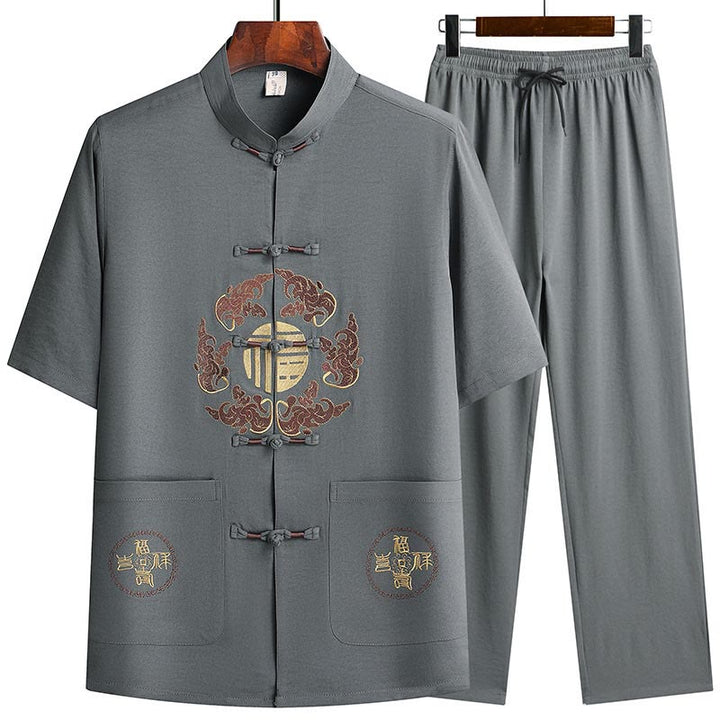 Buddha Stones Fu Charakter Tang Garnitur Hanfu Tradycyjny Mundur Krótki Rękaw Top Spodnie Odzież Męski Zestaw - Szary (top i spodnie) - US/UK/AU42， EU52 (3XL)  - image 0