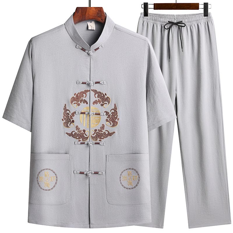 Buddha Stones Fu Charakter Tang Garnitur Hanfu Tradycyjny Mundur Krótki Rękaw Top Spodnie Odzież Męski Zestaw - image 4
