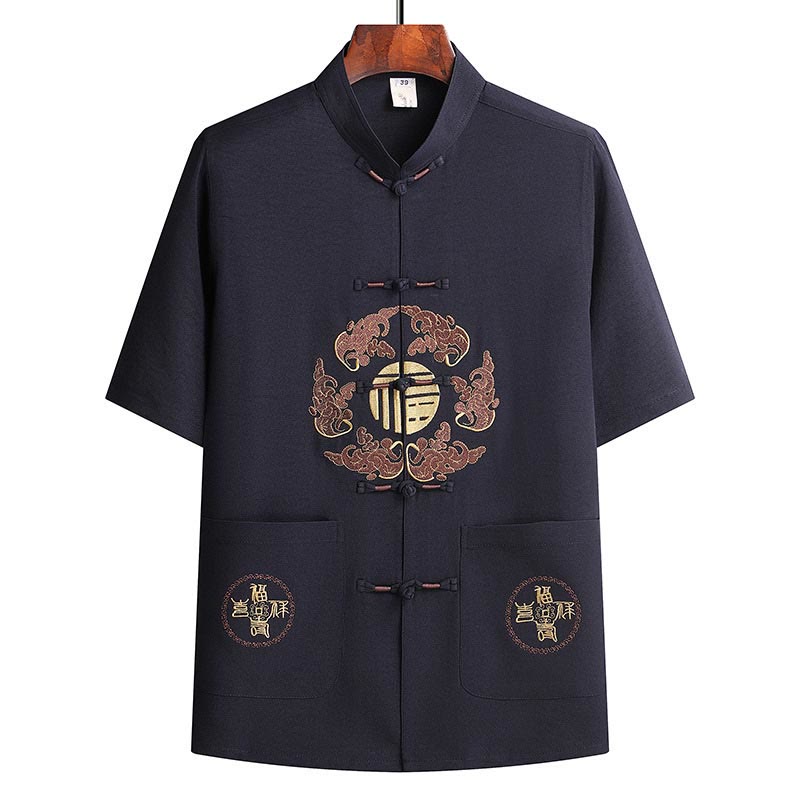 Buddha Stones Fu Charakter Tang Garnitur Hanfu Tradycyjny Mundur Krótki Rękaw Top Spodnie Odzież Męski Zestaw - image 19