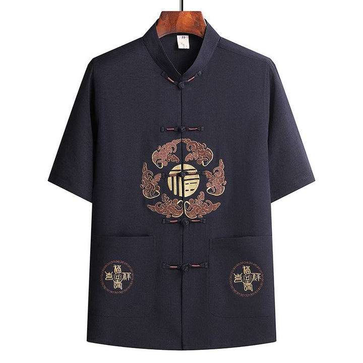 Buddha Stones Fu Charakter Tang Garnitur Hanfu Tradycyjny Mundur Krótki Rękaw Top Spodnie Odzież Męski Zestaw - image 19