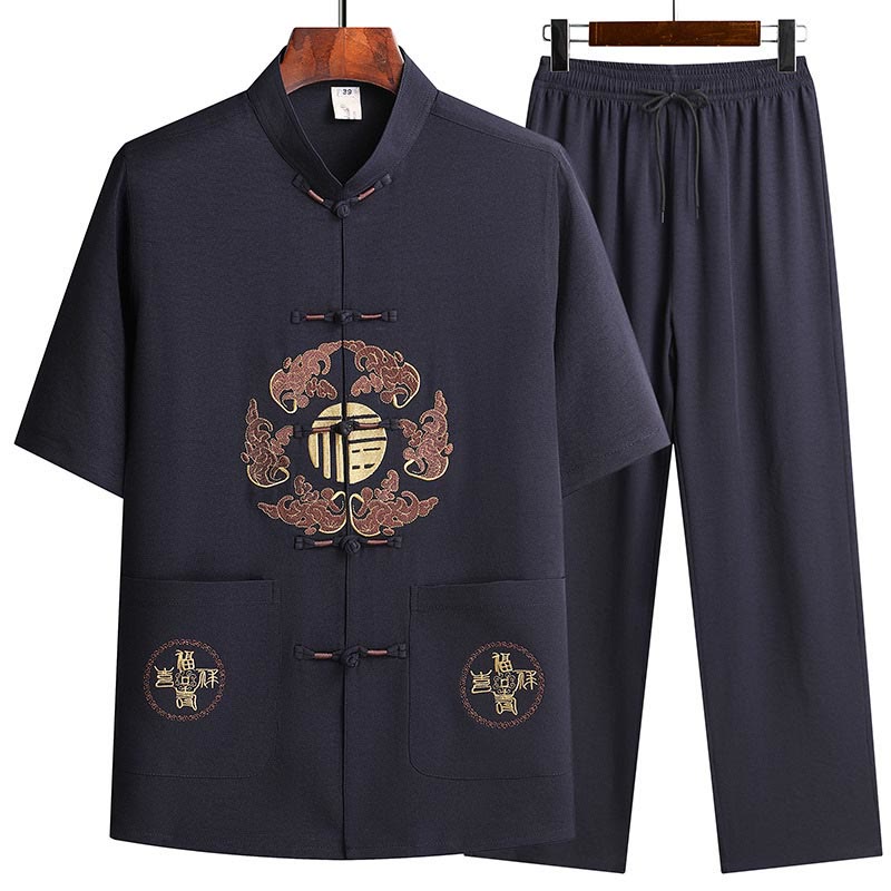 Buddha Stones Fu Charakter Tang Garnitur Hanfu Tradycyjny Mundur Krótki Rękaw Top Spodnie Odzież Męski Zestaw - Granatowy (top i spodnie) - US/UK/AU42， EU52 (3XL)  - image 18