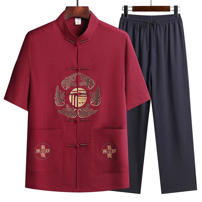 Buddha Stones Fu Charakter Tang Garnitur Hanfu Tradycyjny Mundur Krótki Rękaw Top Spodnie Odzież Męski Zestaw - Czerwony (top i spodnie) - US/UK/AU42， EU52 (3XL)  - image 21