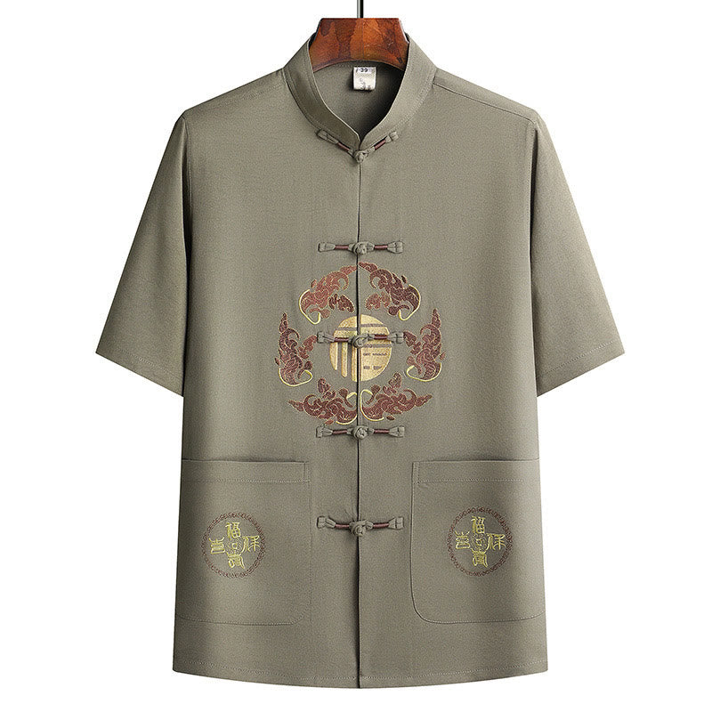 Buddha Stones Fu Charakter Tang Garnitur Hanfu Tradycyjny Mundur Krótki Rękaw Top Spodnie Odzież Męski Zestaw