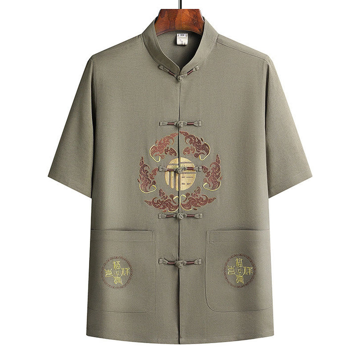 Buddha Stones Fu Charakter Tang Garnitur Hanfu Tradycyjny Mundur Krótki Rękaw Top Spodnie Odzież Męski Zestaw - image 25