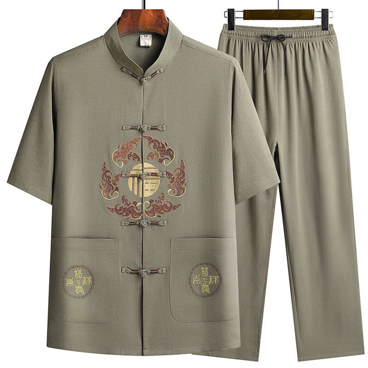 Buddha Stones Fu Charakter Tang Garnitur Hanfu Tradycyjny Mundur Krótki Rękaw Top Spodnie Odzież Męski Zestaw - Zieleń wojskowa (top i spodnie) - US/UK/AU42， EU52 (3XL)  - image 24