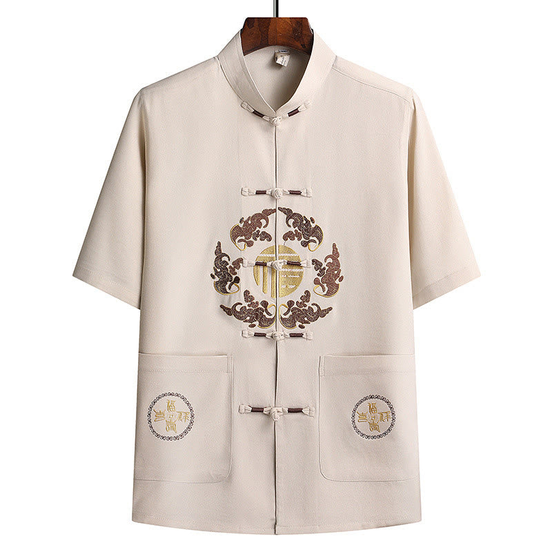 Buddha Stones Fu Charakter Tang Garnitur Hanfu Tradycyjny Mundur Krótki Rękaw Top Spodnie Odzież Męski Zestaw - image 28