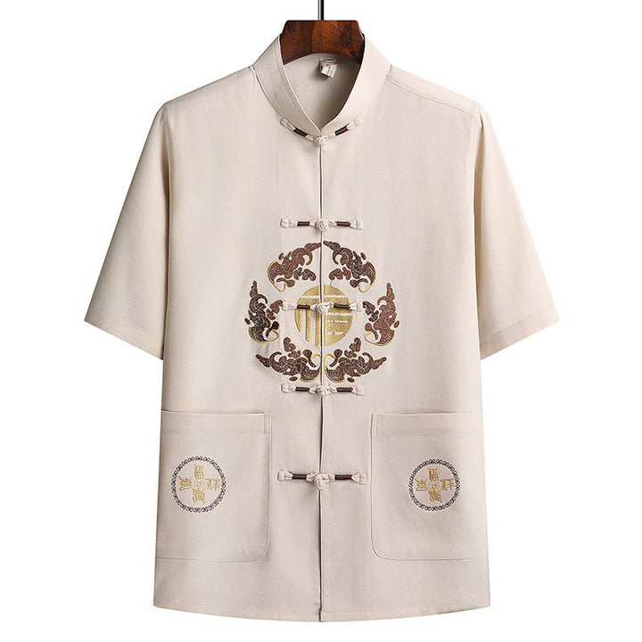 Buddha Stones Fu Charakter Tang Garnitur Hanfu Tradycyjny Mundur Krótki Rękaw Top Spodnie Odzież Męski Zestaw - image 28