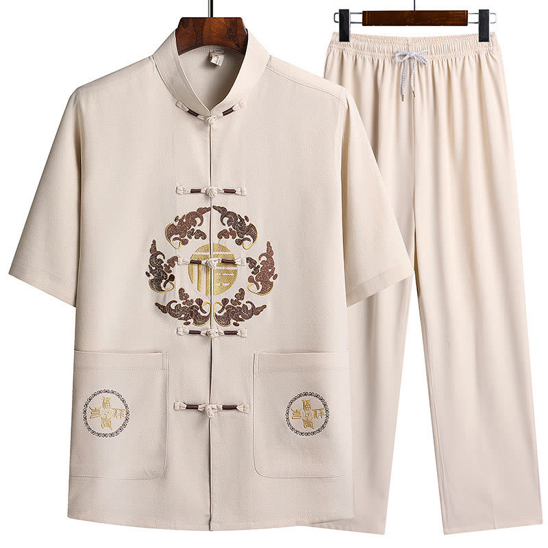 Buddha Stones Fu Charakter Tang Garnitur Hanfu Tradycyjny Mundur Krótki Rękaw Top Spodnie Odzież Męski Zestaw - Biały (top i spodnie) - US/UK/AU42， EU52 (3XL)  - image 27
