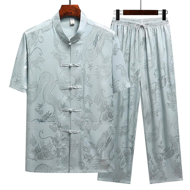 Buddha Stones Wzór Smoka Strój Tang Hanfu Tradycyjny Mundur Krótki Rękaw Top Spodnie Odzież Męski Zestaw - Szaro-niebieski (top i spodnie) - US/UK/AU44， EU54 (4XL) - image 0