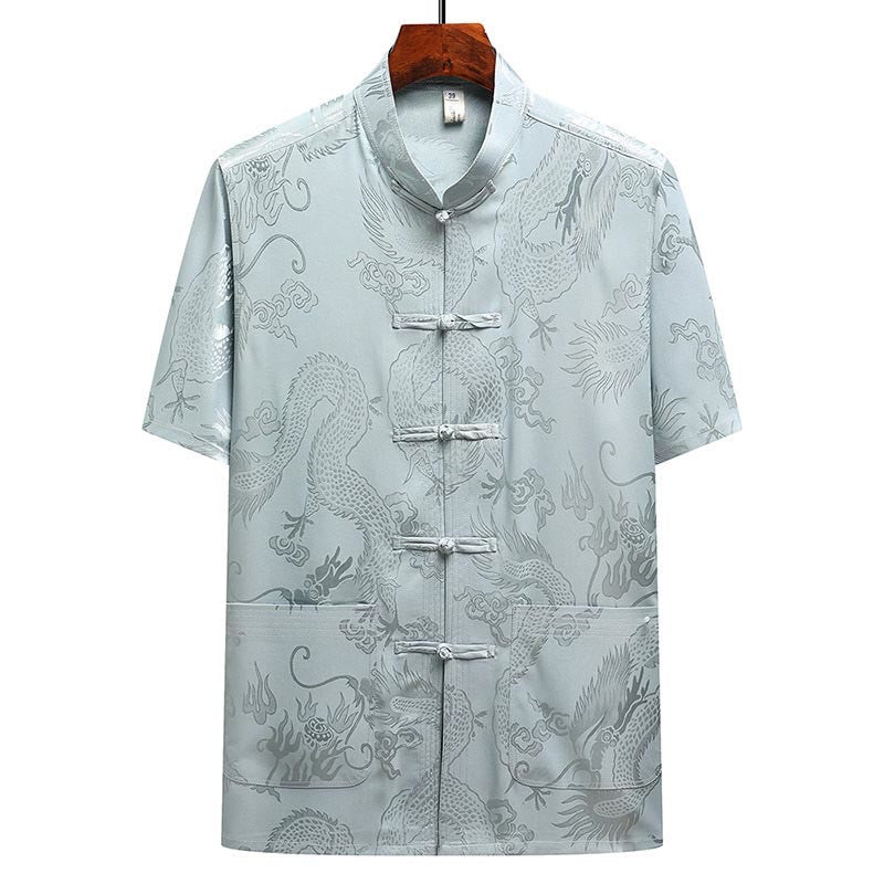 Buddha Stones Wzór Smoka Strój Tang Hanfu Tradycyjny Mundur Krótki Rękaw Top Spodnie Odzież Męski Zestaw - image 2