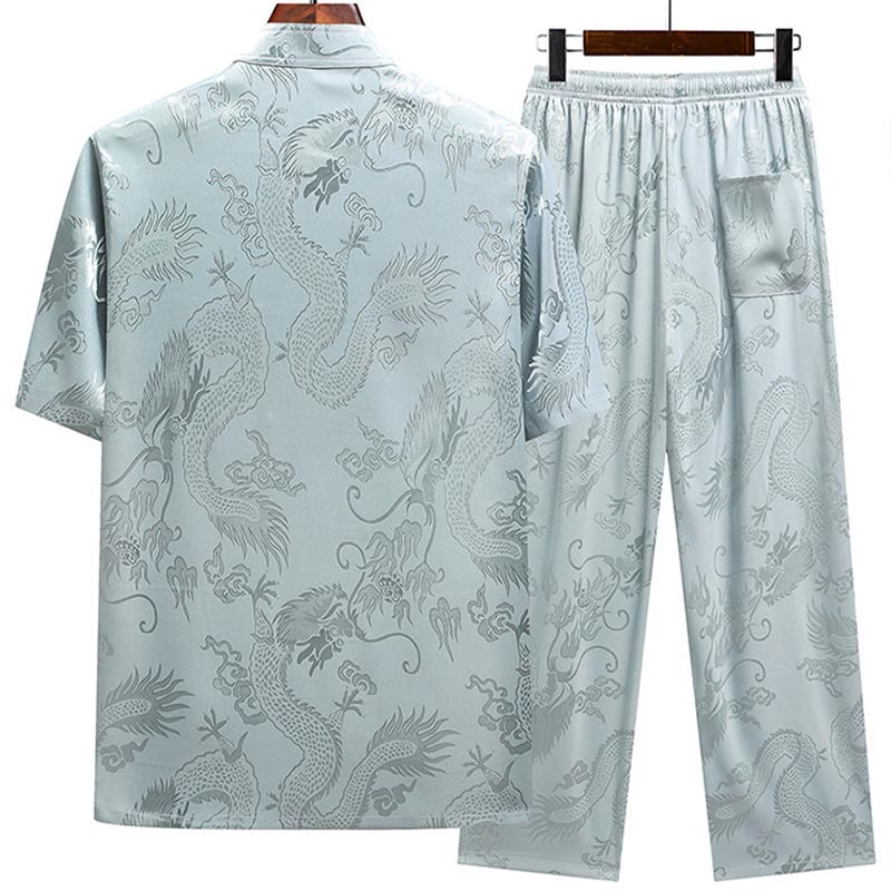 Buddha Stones Wzór Smoka Strój Tang Hanfu Tradycyjny Mundur Krótki Rękaw Top Spodnie Odzież Męski Zestaw - image 1