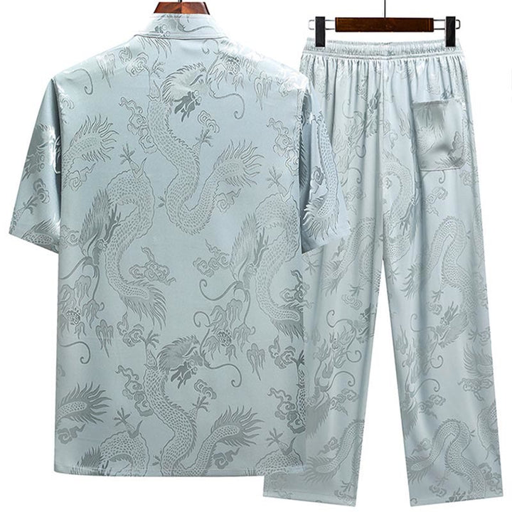 Buddha Stones Wzór Smoka Strój Tang Hanfu Tradycyjny Mundur Krótki Rękaw Top Spodnie Odzież Męski Zestaw - image 1