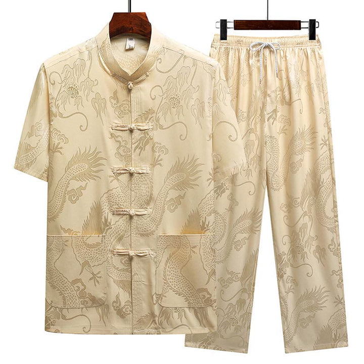 Buddha Stones Wzór Smoka Strój Tang Hanfu Tradycyjny Mundur Krótki Rękaw Top Spodnie Odzież Męski Zestaw - Beżowy (top i spodnie) - US/UK/AU44， EU54 (4XL) - image 13