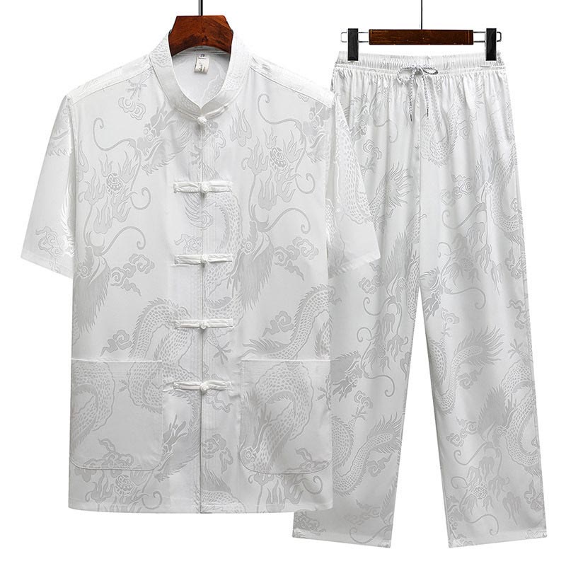 Buddha Stones Wzór Smoka Strój Tang Hanfu Tradycyjny Mundur Krótki Rękaw Top Spodnie Odzież Męski Zestaw - Biały (top i spodnie) - US/UK/AU44， EU54 (4XL) - image 16