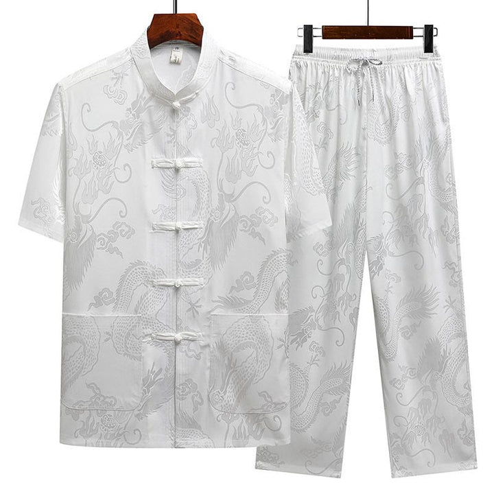 Buddha Stones Wzór Smoka Strój Tang Hanfu Tradycyjny Mundur Krótki Rękaw Top Spodnie Odzież Męski Zestaw - Biały (top i spodnie) - US/UK/AU44， EU54 (4XL) - image 16