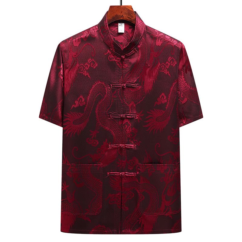 Buddha Stones Wzór Smoka Strój Tang Hanfu Tradycyjny Mundur Krótki Rękaw Top Spodnie Odzież Męski Zestaw - image 20