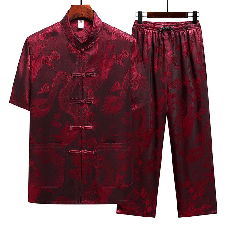 Buddha Stones Wzór Smoka Strój Tang Hanfu Tradycyjny Mundur Krótki Rękaw Top Spodnie Odzież Męski Zestaw - Czerwony (top i spodnie) - US/UK/AU44， EU54 (4XL) - image 19