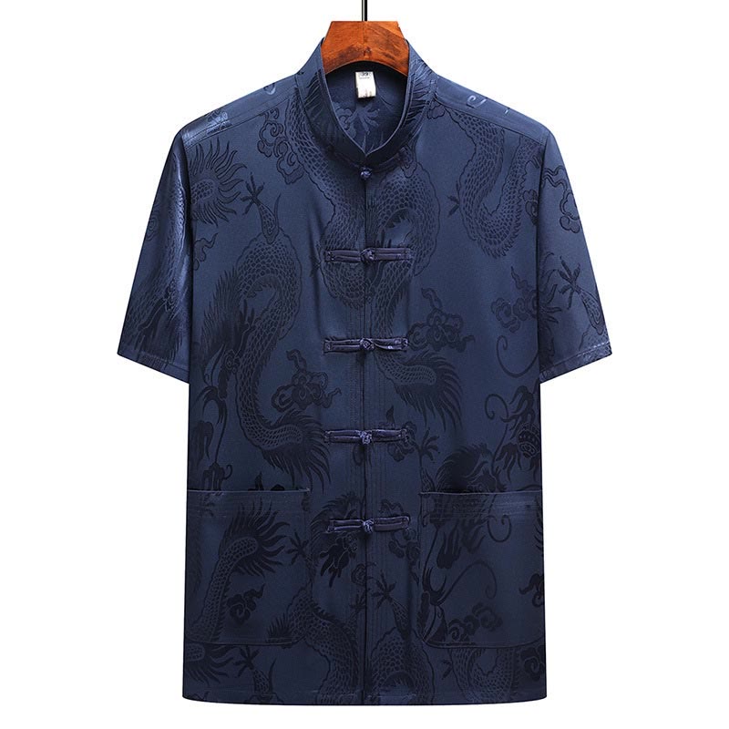 Buddha Stones Wzór Smoka Strój Tang Hanfu Tradycyjny Mundur Krótki Rękaw Top Spodnie Odzież Męski Zestaw - image 24