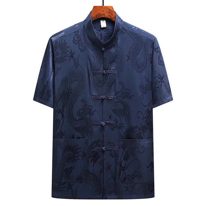 Buddha Stones Wzór Smoka Strój Tang Hanfu Tradycyjny Mundur Krótki Rękaw Top Spodnie Odzież Męski Zestaw - image 24