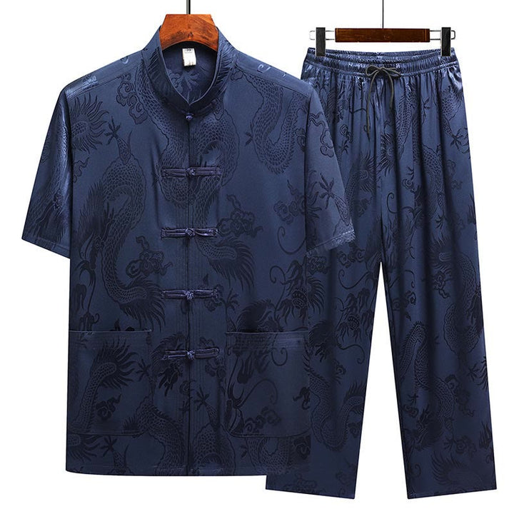 Buddha Stones Wzór Smoka Strój Tang Hanfu Tradycyjny Mundur Krótki Rękaw Top Spodnie Odzież Męski Zestaw - Granatowy (top i spodnie) - US/UK/AU44， EU54 (4XL) - image 22