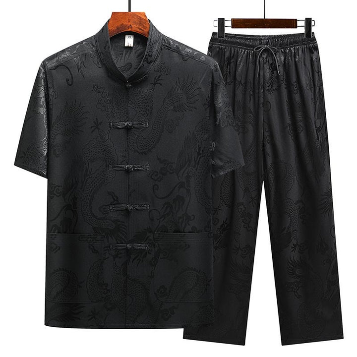 Buddha Stones Wzór Smoka Strój Tang Hanfu Tradycyjny Mundur Krótki Rękaw Top Spodnie Odzież Męski Zestaw - Czarny (top i spodnie) - US/UK/AU44， EU54 (4XL) - image 25