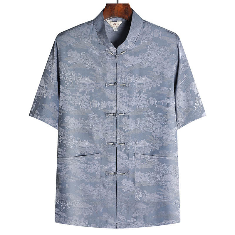 Buddha Stones Sosna Pawilon Ogród Tang Garnitur Hanfu Tradycyjny Mundur Krótki Rękaw Top Spodnie Odzież Męski Zestaw - Szary - Szczyt - US/UK/AU44， EU54 (4XL) - image 1