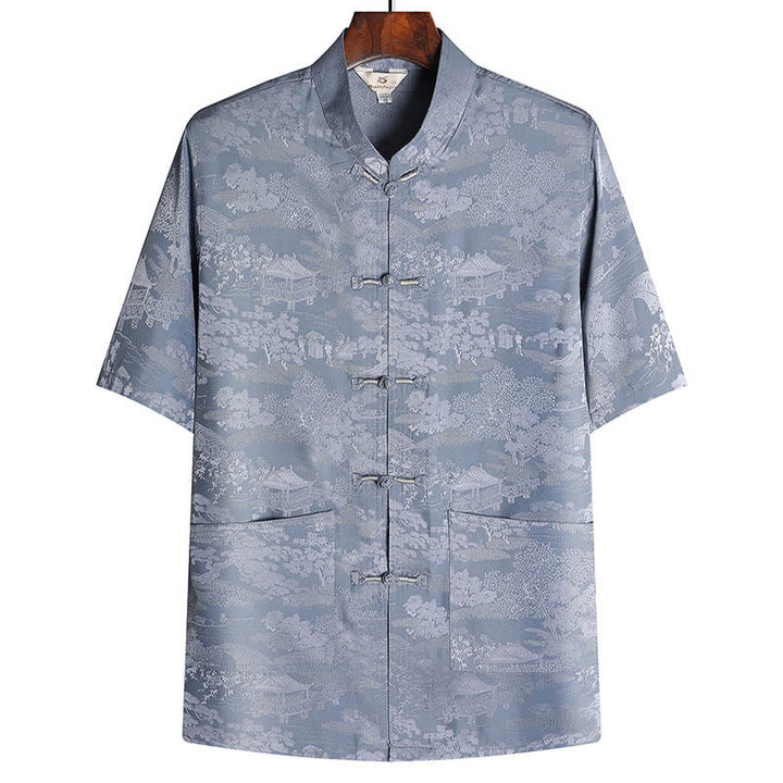 Buddha Stones Sosna Pawilon Ogród Tang Garnitur Hanfu Tradycyjny Mundur Krótki Rękaw Top Spodnie Odzież Męski Zestaw - Szary - Szczyt - US/UK/AU44， EU54 (4XL) - image 1