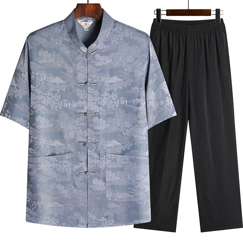 Buddha Stones Sosna Pawilon Ogród Tang Garnitur Hanfu Tradycyjny Mundur Krótki Rękaw Top Spodnie Odzież Męski Zestaw - Szary - Top i spodnie - US/UK/AU44， EU54 (4XL) - image 0