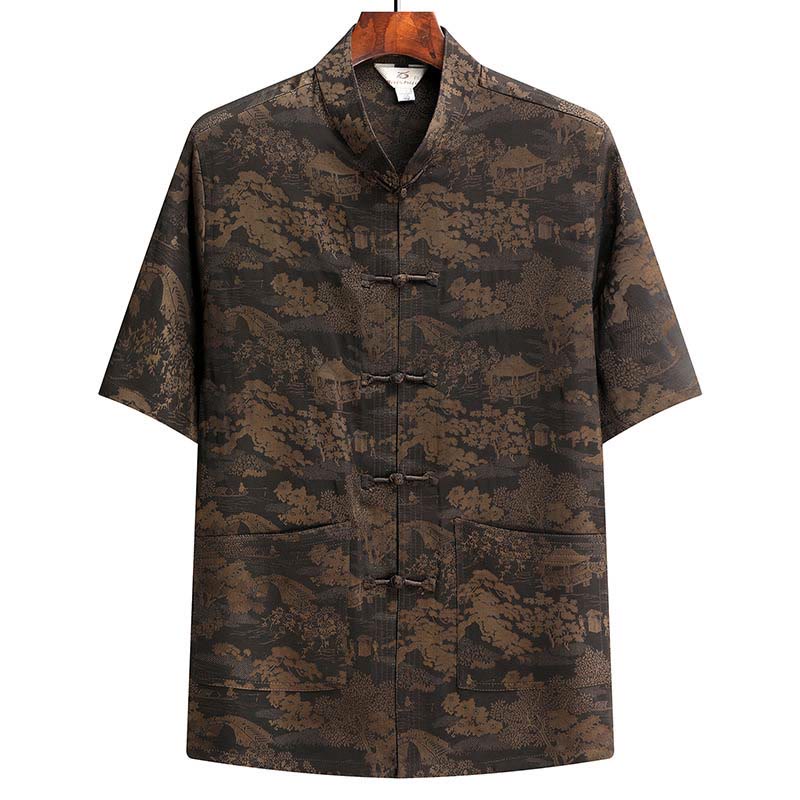 Buddha Stones Sosna Pawilon Ogród Tang Garnitur Hanfu Tradycyjny Mundur Krótki Rękaw Top Spodnie Odzież Męski Zestaw - Brązowy - Szczyt - US/UK/AU44， EU54 (4XL) - image 3