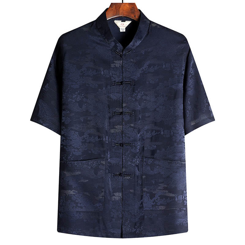 Buddha Stones Sosna Pawilon Ogród Tang Garnitur Hanfu Tradycyjny Mundur Krótki Rękaw Top Spodnie Odzież Męski Zestaw - Granatowy - Szczyt - US/UK/AU44， EU54 (4XL) - image 10