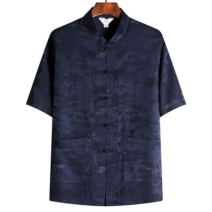 Buddha Stones Sosna Pawilon Ogród Tang Garnitur Hanfu Tradycyjny Mundur Krótki Rękaw Top Spodnie Odzież Męski Zestaw - Granatowy - Szczyt - US/UK/AU44， EU54 (4XL) - image 10