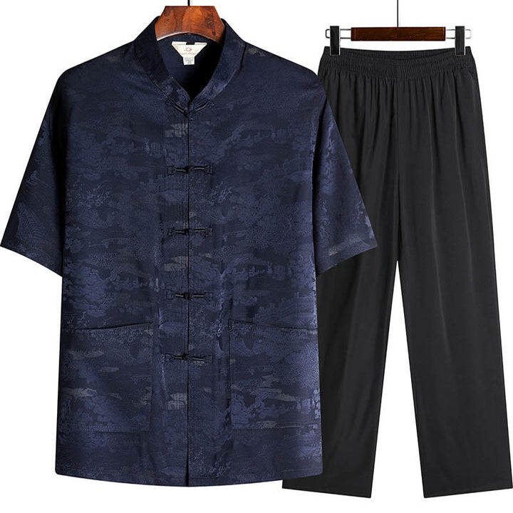 Buddha Stones Sosna Pawilon Ogród Tang Garnitur Hanfu Tradycyjny Mundur Krótki Rękaw Top Spodnie Odzież Męski Zestaw - Granatowy - Top i spodnie - US/UK/AU44， EU54 (4XL) - image 9