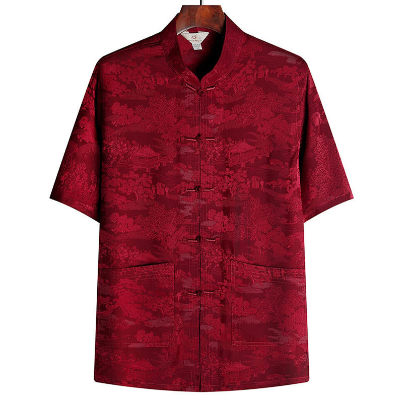 Buddha Stones Sosna Pawilon Ogród Tang Garnitur Hanfu Tradycyjny Mundur Krótki Rękaw Top Spodnie Odzież Męski Zestaw - Czerwony - Szczyt - US/UK/AU44， EU54 (4XL) - image 12