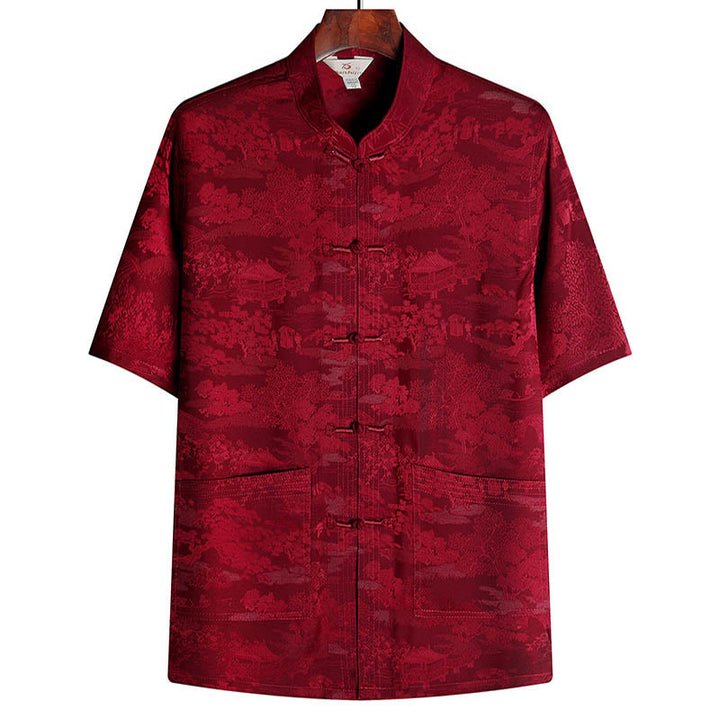 Buddha Stones Sosna Pawilon Ogród Tang Garnitur Hanfu Tradycyjny Mundur Krótki Rękaw Top Spodnie Odzież Męski Zestaw - Czerwony - Szczyt - US/UK/AU44， EU54 (4XL) - image 12