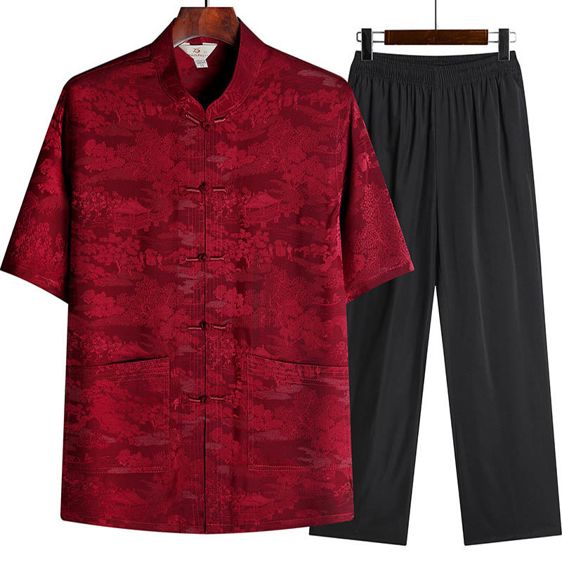 Buddha Stones Sosna Pawilon Ogród Tang Garnitur Hanfu Tradycyjny Mundur Krótki Rękaw Top Spodnie Odzież Męski Zestaw - Czerwony - Top i spodnie - US/UK/AU44， EU54 (4XL) - image 11
