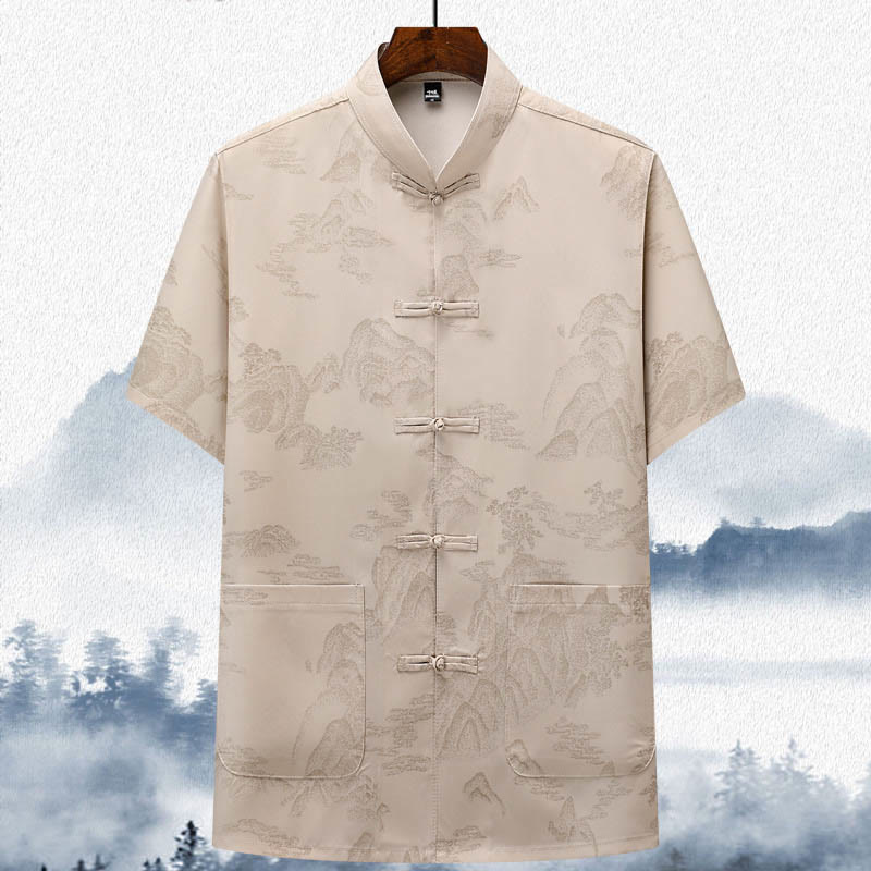 Buddha Stones Drzewa Tang Strój Hanfu Tradycyjny Mundur Krótki Rękaw Top Spodnie Odzież Męski Zestaw - Beżowy - Szczyt - US/UK/AU42， EU52 (3XL)  - image 3