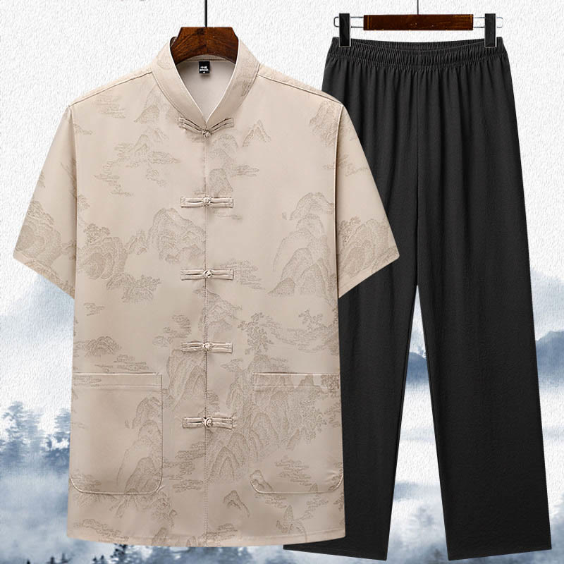 Buddha Stones Drzewa Tang Strój Hanfu Tradycyjny Mundur Krótki Rękaw Top Spodnie Odzież Męski Zestaw - Beżowy - Top i spodnie - US/UK/AU42， EU52 (3XL)  - image 1