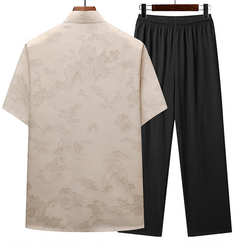 Buddha Stones Drzewa Tang Strój Hanfu Tradycyjny Mundur Krótki Rękaw Top Spodnie Odzież Męski Zestaw - image 2