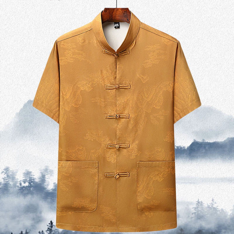 Buddha Stones Drzewa Tang Strój Hanfu Tradycyjny Mundur Krótki Rękaw Top Spodnie Odzież Męski Zestaw - Żółty - Szczyt - US/UK/AU42， EU52 (3XL)  - image 14
