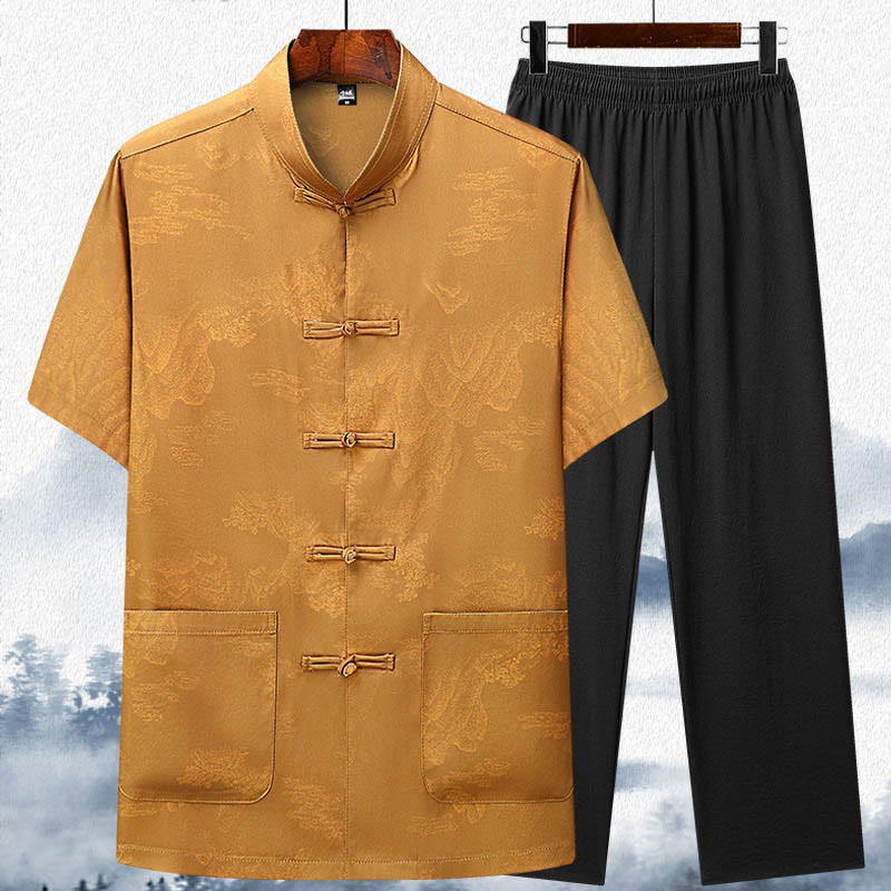 Buddha Stones Drzewa Tang Strój Hanfu Tradycyjny Mundur Krótki Rękaw Top Spodnie Odzież Męski Zestaw - Żółty - Top i spodnie - US/UK/AU42， EU52 (3XL)  - image 13