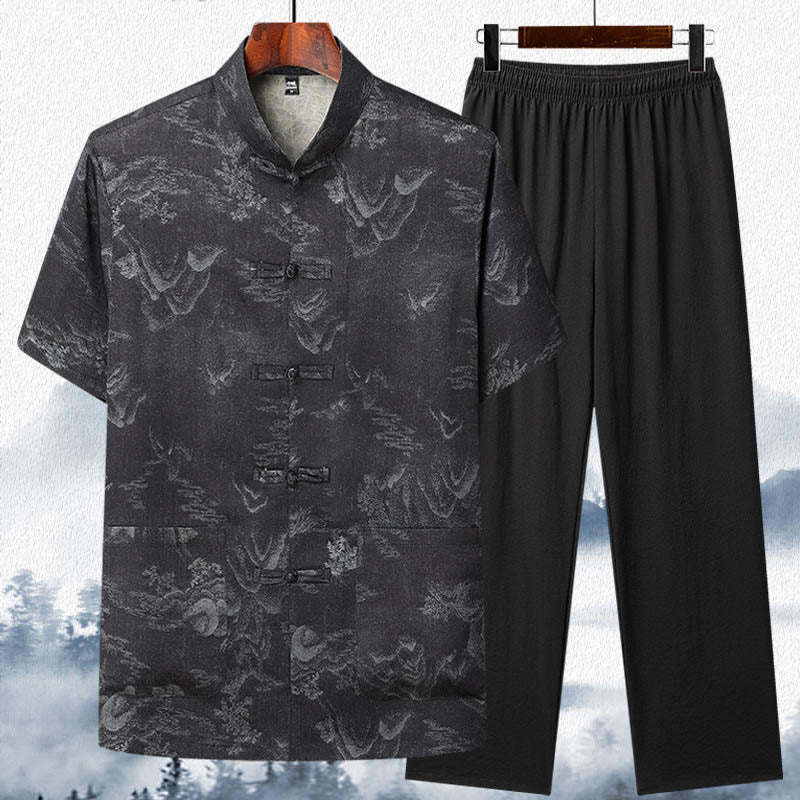 Buddha Stones Drzewa Tang Strój Hanfu Tradycyjny Mundur Krótki Rękaw Top Spodnie Odzież Męski Zestaw - Czarny - Top i spodnie - US/UK/AU42， EU52 (3XL)  - image 11