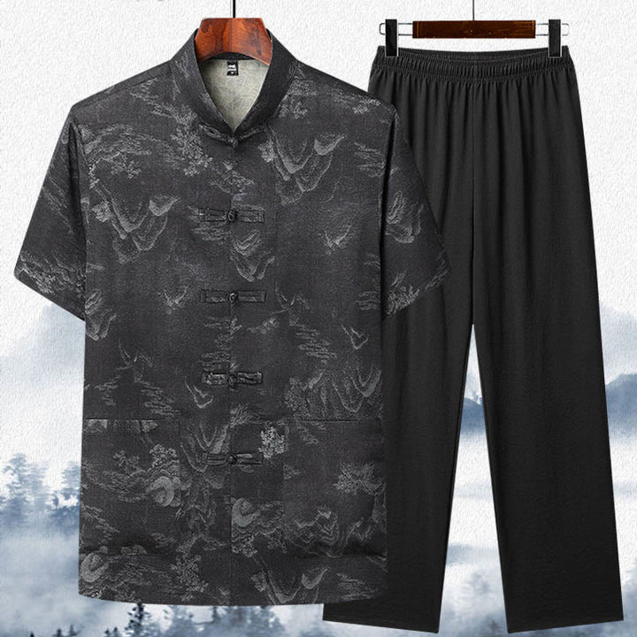Buddha Stones Drzewa Tang Strój Hanfu Tradycyjny Mundur Krótki Rękaw Top Spodnie Odzież Męski Zestaw - Czarny - Top i spodnie - US/UK/AU42， EU52 (3XL)  - image 11