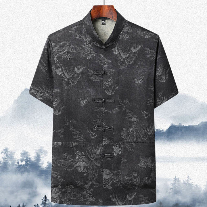 Buddha Stones Drzewa Tang Strój Hanfu Tradycyjny Mundur Krótki Rękaw Top Spodnie Odzież Męski Zestaw - Czarny - Szczyt - US/UK/AU42， EU52 (3XL)  - image 12