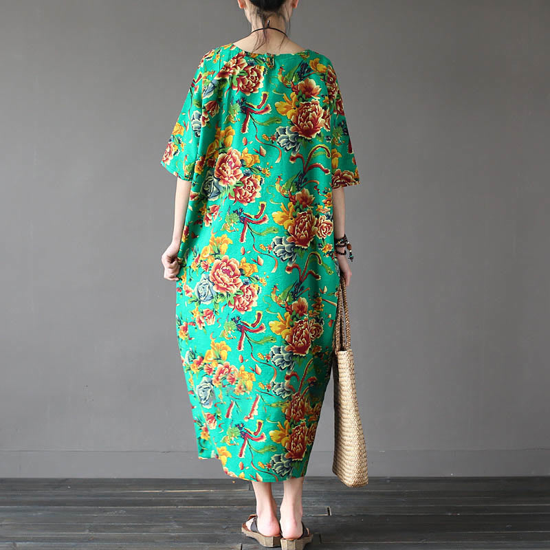 Sukienka midi z nadrukiem w kwiaty piwonii Buddha Stones z krótkim rękawem i bawełną i lnem - image 10