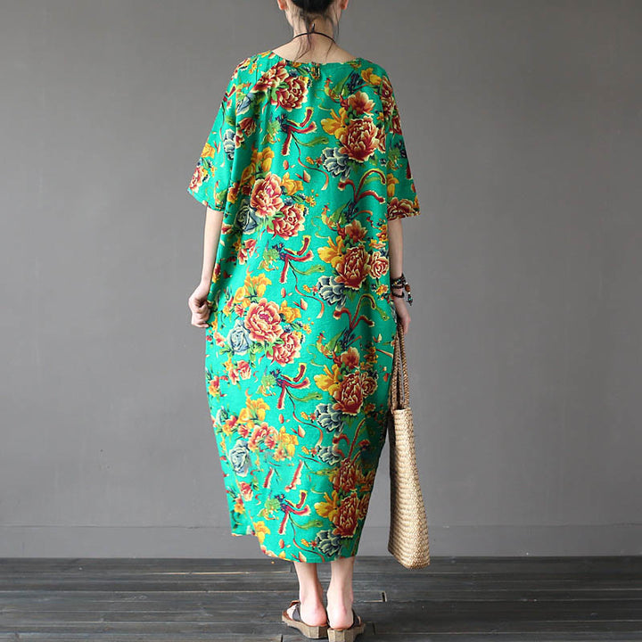 Sukienka midi z nadrukiem w kwiaty piwonii Buddha Stones z krótkim rękawem i bawełną i lnem - image 10