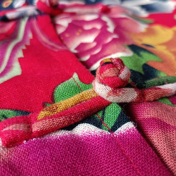 Buddha Stones Etniczne Czerwone Kwiaty Peonia Żaba-Guziki Bawełna Lniana Długi Rękaw Koszula Kurtka Z Kieszeniami - image 10